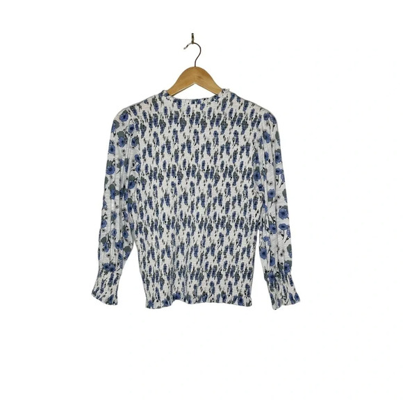 Goldie Lewinter Size L Daisy Print Puff Sleeve Smocked Top in Blue and White - Picture 3 of 5